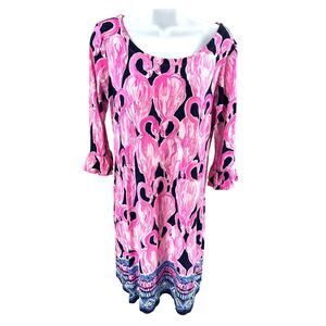 Lilly Pulitzer Size M Sophie Dress High Tide Flamingo Stretch 3/4 Sleeve